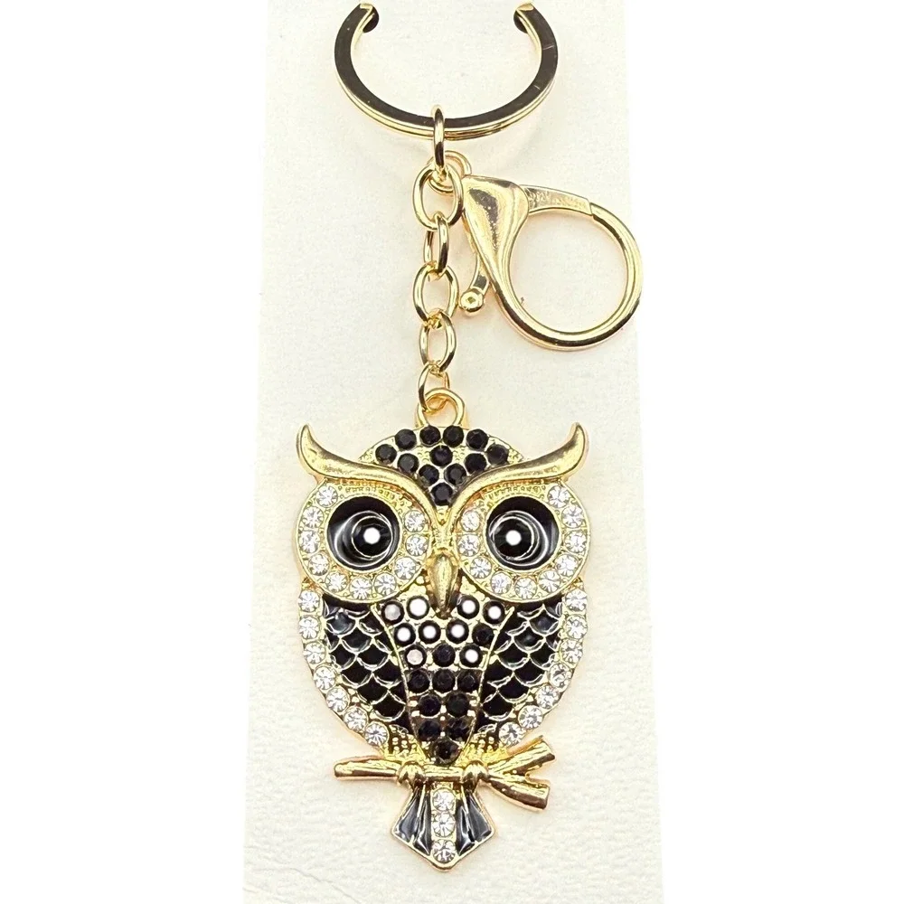 Gold Tone Rhinestone Owl Keychain Bag Charm Black Enamel Crystal Accessory